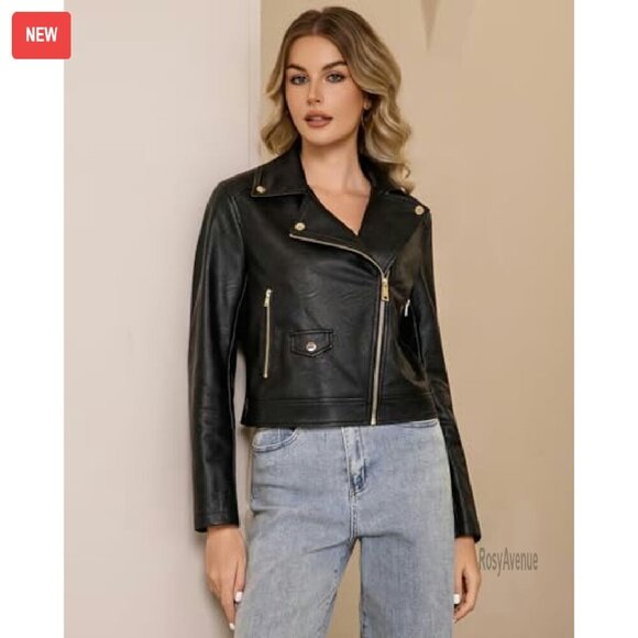 Faux Leather Cropped Moto Jacket Slim Fit Zip Up Biker Coat - Picture 6 of 8